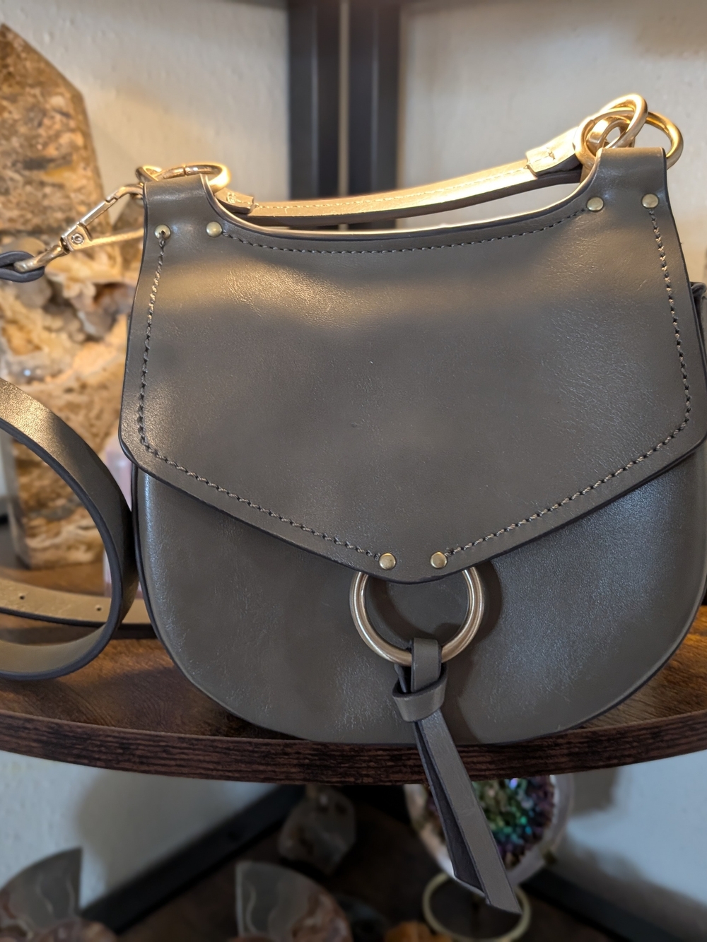 Zara Dark Gray Saddle Crossbody with Ring Detail and Strap